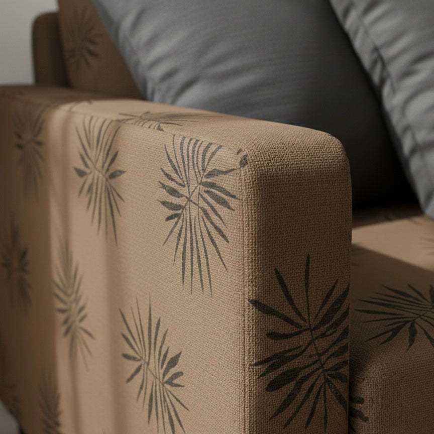 Brown sofa with decorative pattern and gray cushions