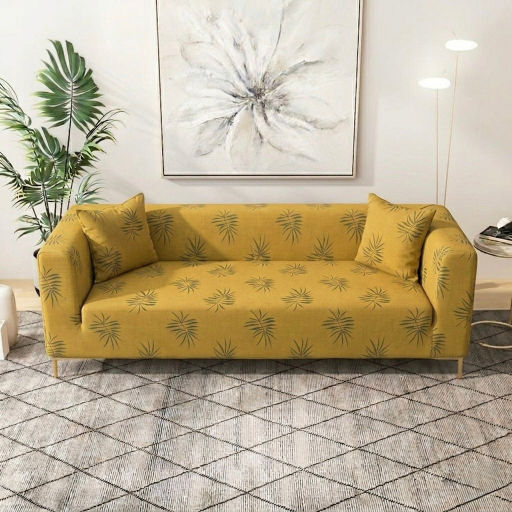 Exotic Palm Leaf Textured Micro Sofa Cover in brown color draped over sofa - Prime Homdecor