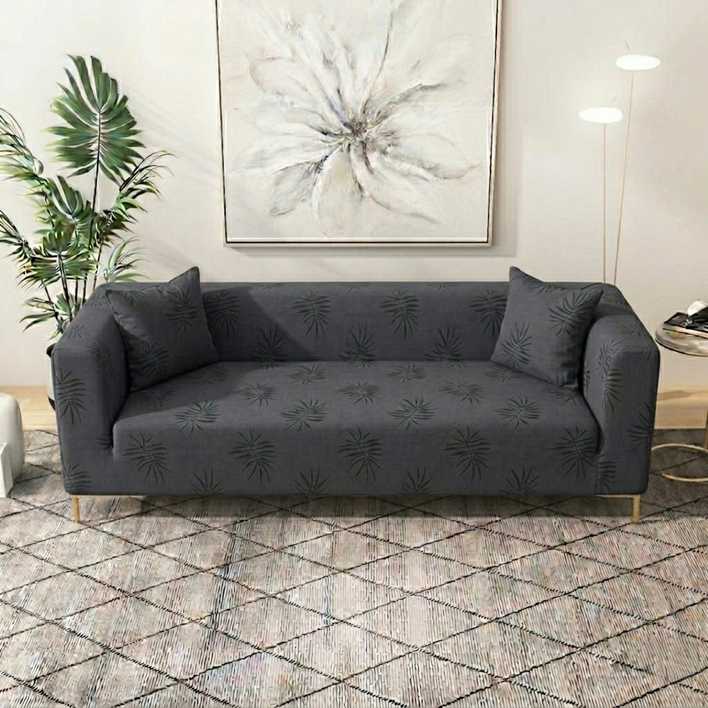 Premium palm leaf textured sofa cover showing anti-slip backing and high-density micro fabric detail